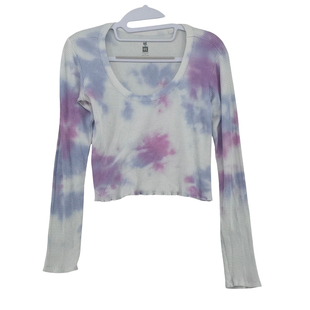 Me to We Top Size Small Cropped Long Sleeve Waffle Knit Tie Dye Multicolor